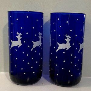 Set of 2 Libbey Cobalt Blue 16 oz Reindeer Tumblers